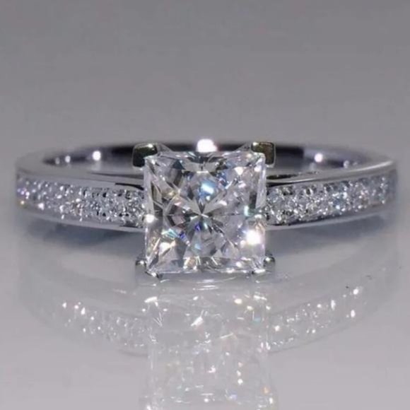 14K White Princess Square  Engagement Ring - Picture 2 of 7